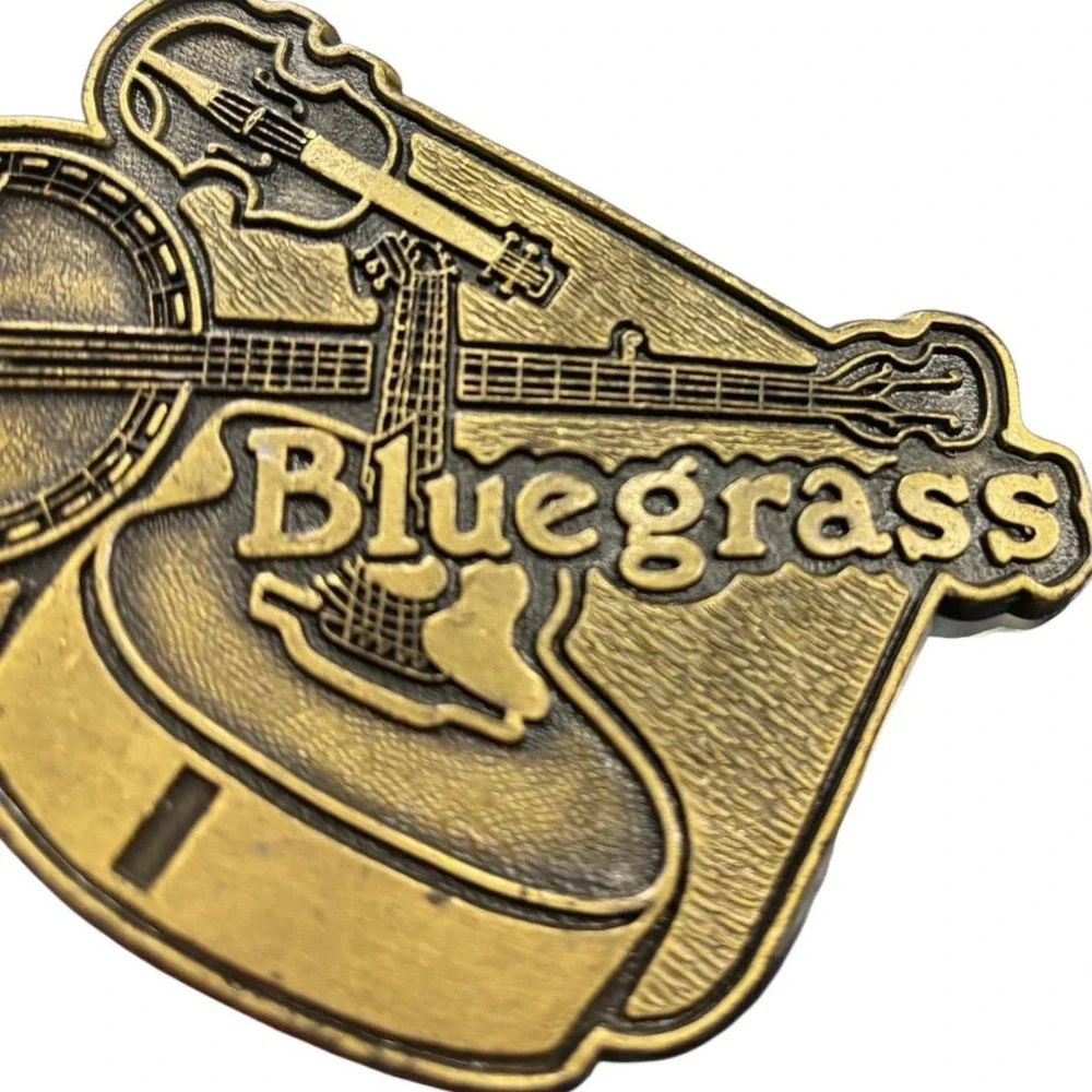 Vintage Western Brass Bluegrass Belt Buckle Banjo Guitar Fiddle Relief Mens